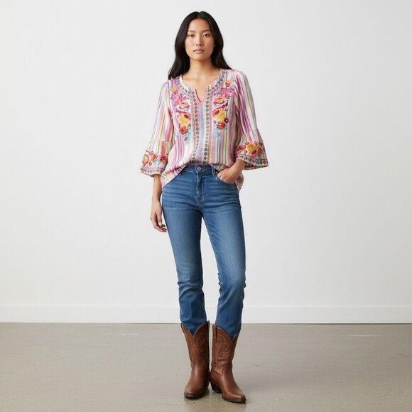 Andree Boho Floral Heavily Embroidered Tunic Top Size S Striped Bell Sleeve - Picture 3 of 9